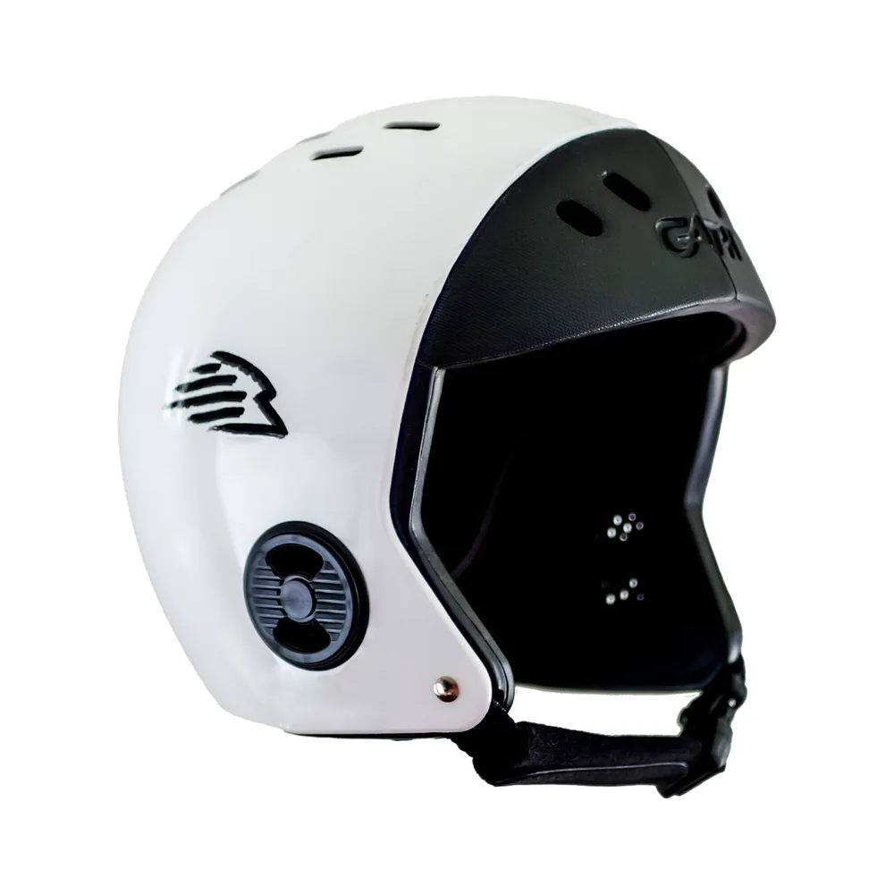 White Gath EVA Hat surf helmet with black headband and ear vent