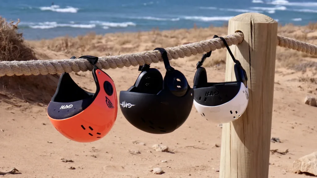 Three Gath surf helmets in orange, black and white hanging from a rope fence above a beach